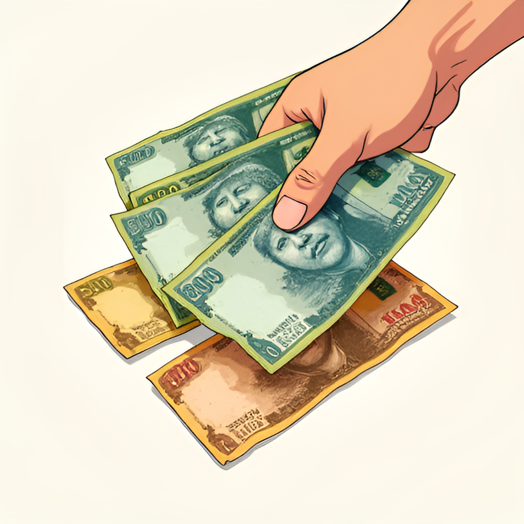 A vibrant illustration showing different denominations of Colombian pesos (COP) bills arranged neatly, perhaps with a small hand reaching for them, symbolizing lottery winnings.