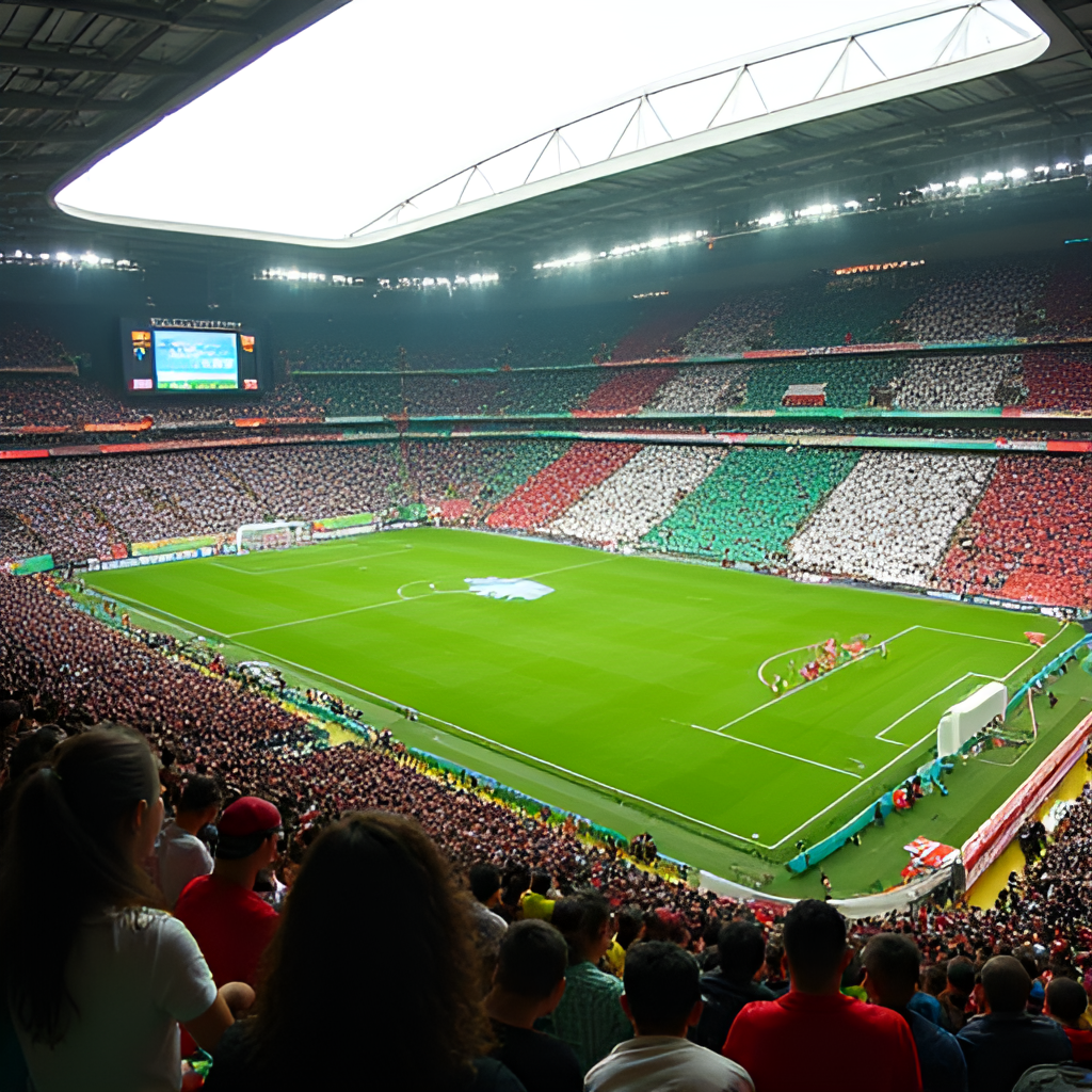 A wide shot of the Estadio Atanasio Girardot packed with fans during a Clásico Paisa match, showing a vibrant display of both green and red colors in the stands, with banners and flags adding to the energetic atmosphere