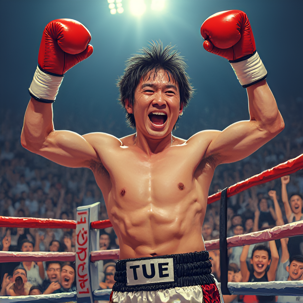 Dynamic, action-oriented illustration of Naoya Inoue celebrating a knockout victory in the ring, with his gloves raised and a cheering crowd in the background, capturing the energy of the moment