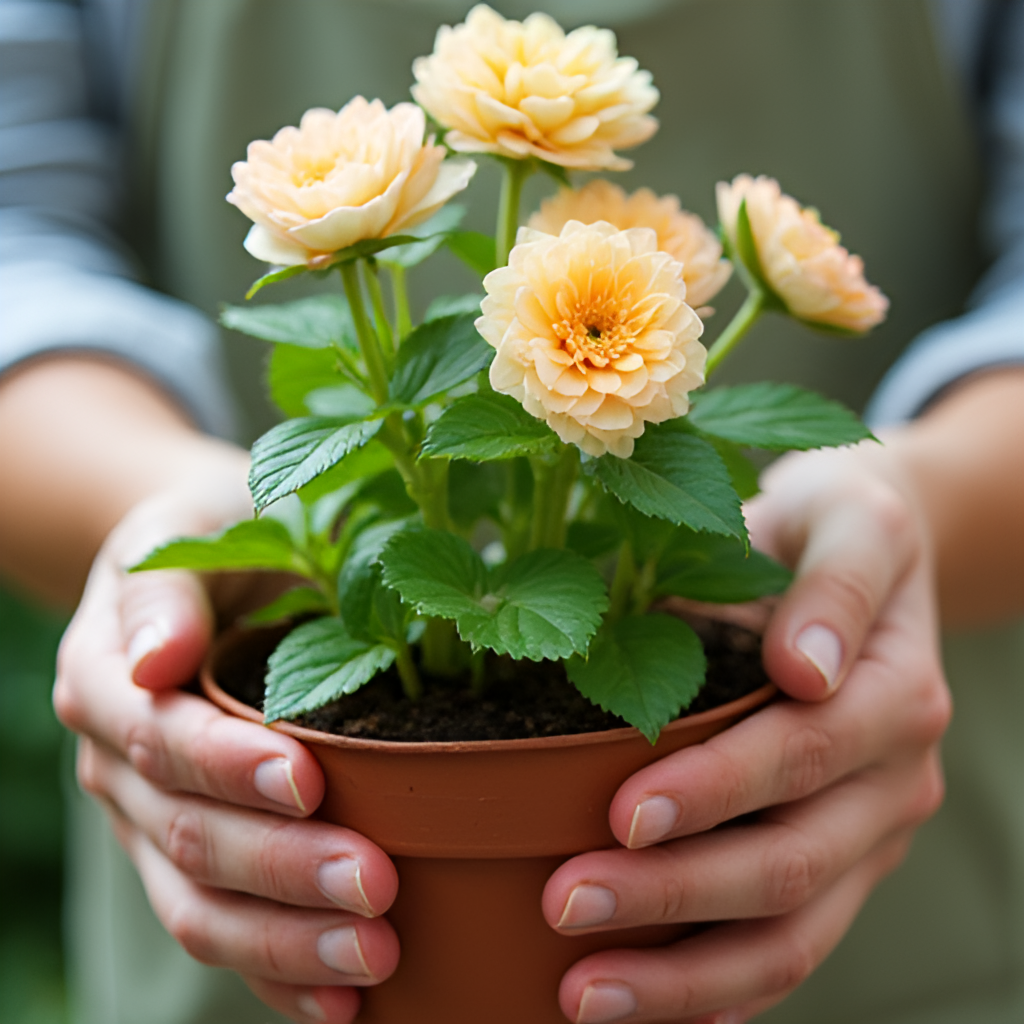 Hands gently tending to a potted plant with healthy green leaves and blooming flowers, illustrating the care and effort involved in cultivating flowers at home.