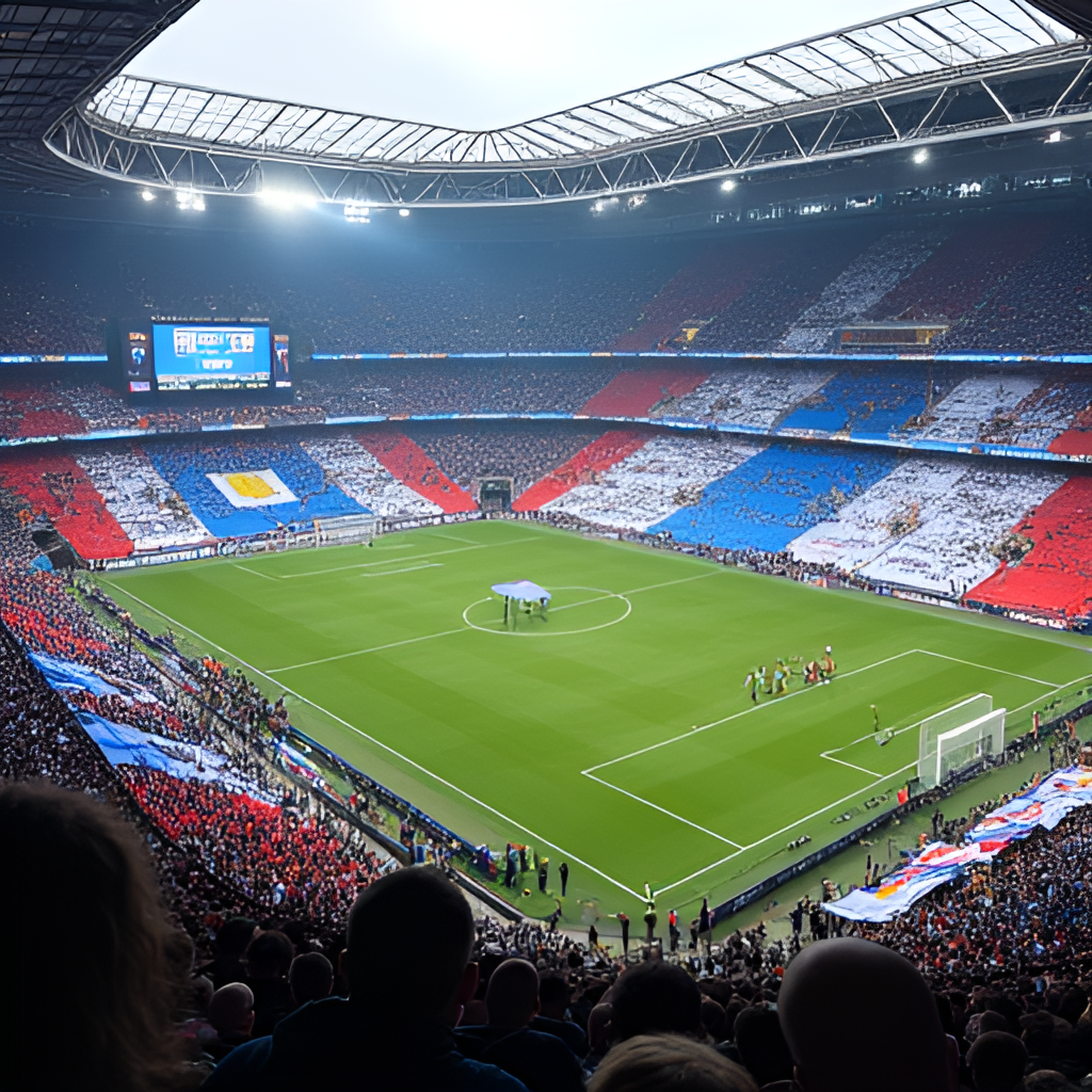 An aerial view of a football stadium in Argentina during a match, showing a large tifo or display of flags and banners from the stands, with a focus on the colors associated with San Lorenzo and Tigre (blue, red, white). The atmosphere should appear electric.