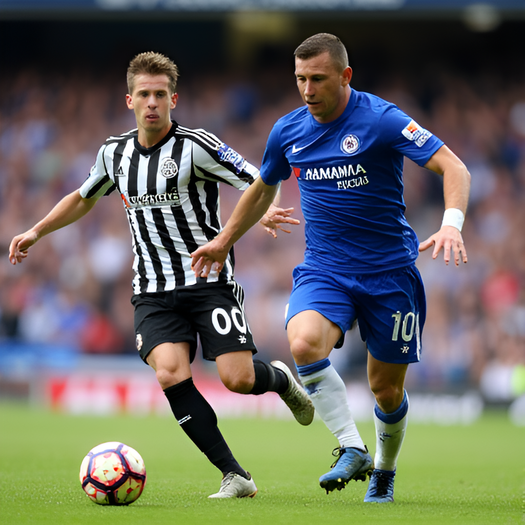 A close-up action shot of a key player from either Newcastle or Chelsea dribbling past an opponent or celebrating a goal, highlighting the individual talent in the rivalry.
