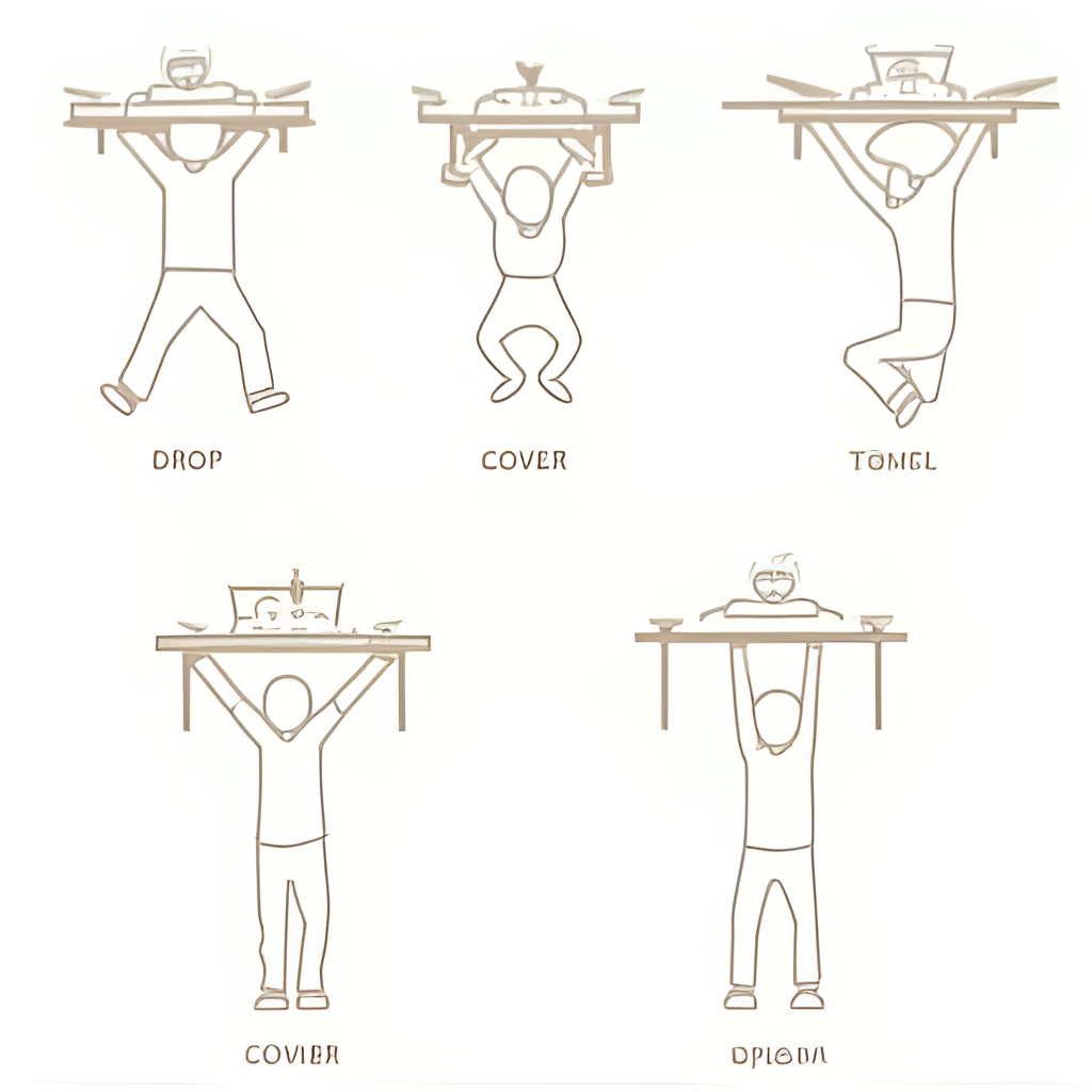 A clear, step-by-step infographic illustrating the 'Drop, Cover, and Hold On' safety procedure during an earthquake, showing simple icons or illustrations of a person performing each action under a sturdy table.