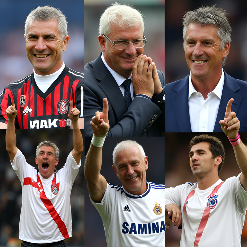 A collection of iconic images in a collage format, showing Carlo Ancelotti celebrating victories with different clubs: AC Milan (Champions League trophy), Chelsea (Premier League trophy), PSG (Ligue 1 trophy), Bayern Munich (Bundesliga trophy), and Real Madrid (Champions League trophy).