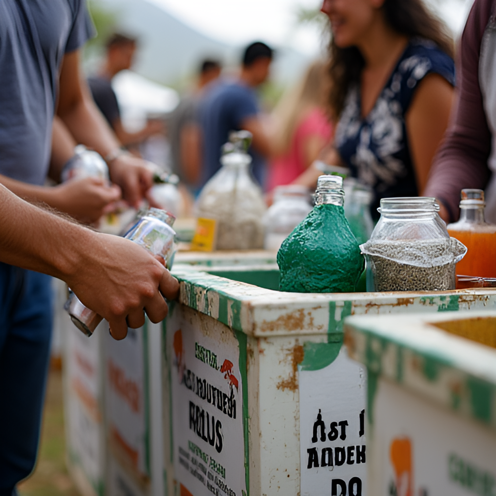 A close-up image showing festival-goers actively participating in recycling at a designated station during the Festival Cordillera, with visible recycling bins and signs promoting environmental awareness