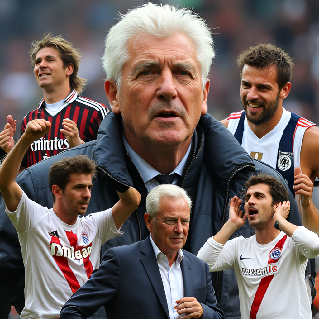 A montage or collage of iconic moments from Carlo Ancelotti's managerial career, featuring him celebrating trophy wins with different clubs like AC Milan, Chelsea, PSG, Bayern Munich, and Real Madrid, highlighting his widespread success across Europe.