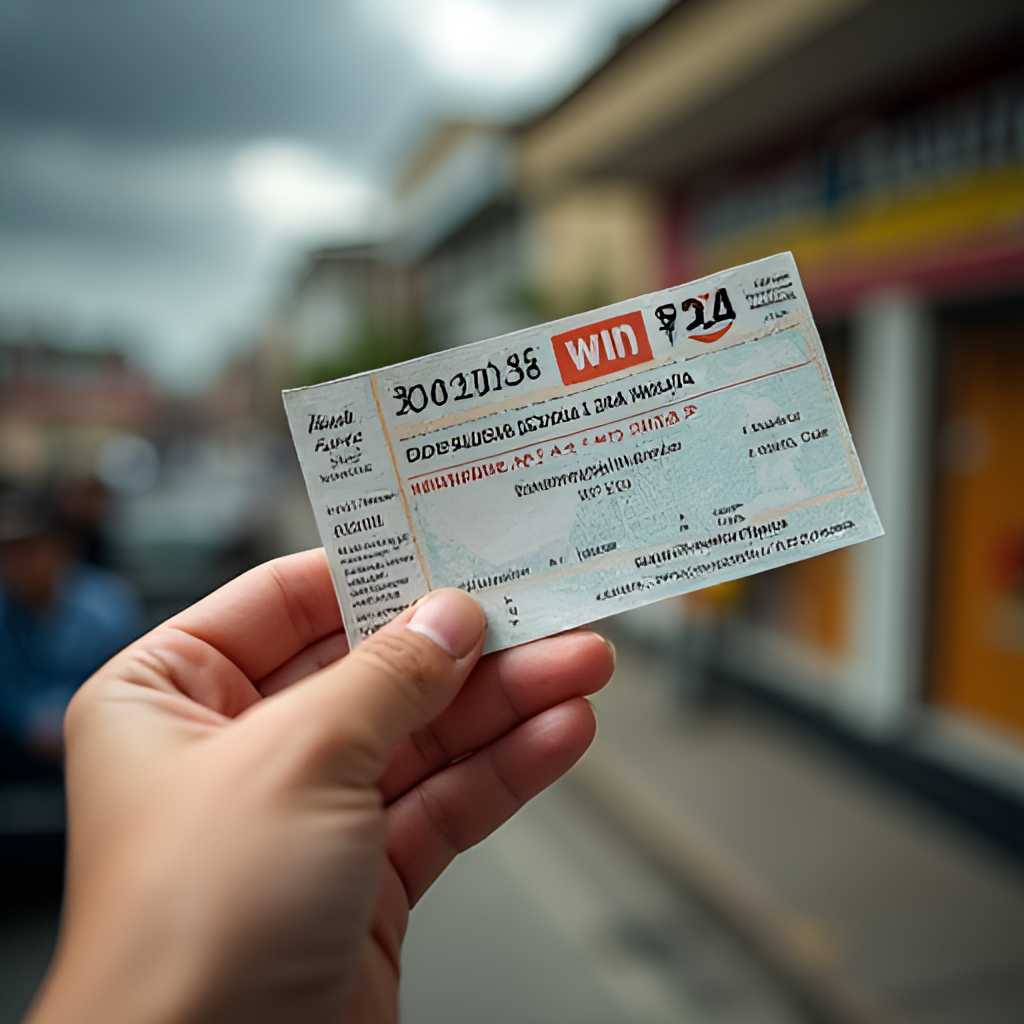 A close-up, slightly artistic shot focusing on a hand holding a winning Lotería de Manizales ticket, with a blurred background of the city of Manizales or the lottery office, conveying success and the tangible result of winning.