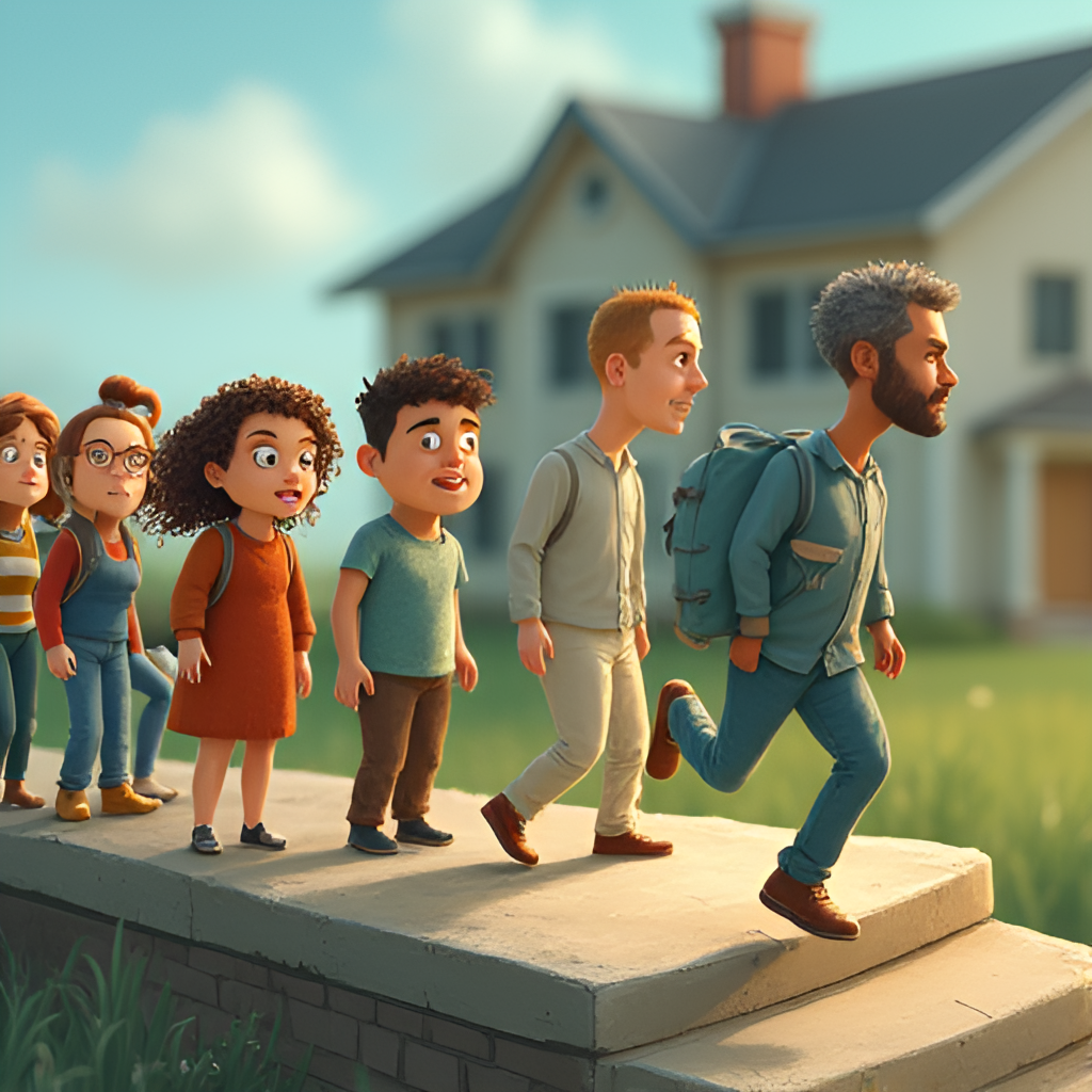 An illustration depicting several stylized figures of diverse ages and appearances standing on a precarious platform, with a spotlight on one figure about to step off. The background is a blur of a large house structure.