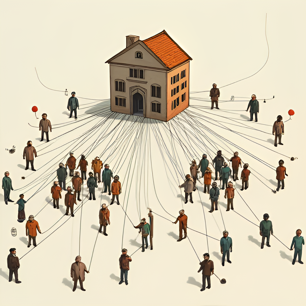 A dynamic illustration showing two groups of stylized figures on opposite sides of a large stylized house, connected by thin lines representing alliances and rivalries. Some figures are whispering to each other.