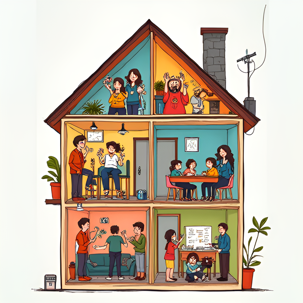 A vibrant illustration showing a diverse group of stylized figures celebrating and interacting inside a detailed cross-section of a house, with cameras and microphones visible in the walls and ceiling.