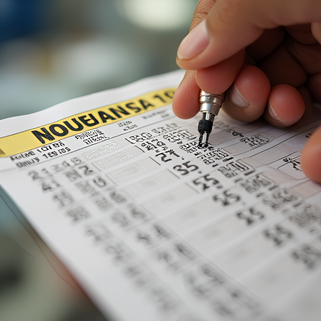 A close-up photo of a hand marking numbers on a Sinuano lottery slip, with a blurred background of a lottery vendor or point of sale in Colombia.