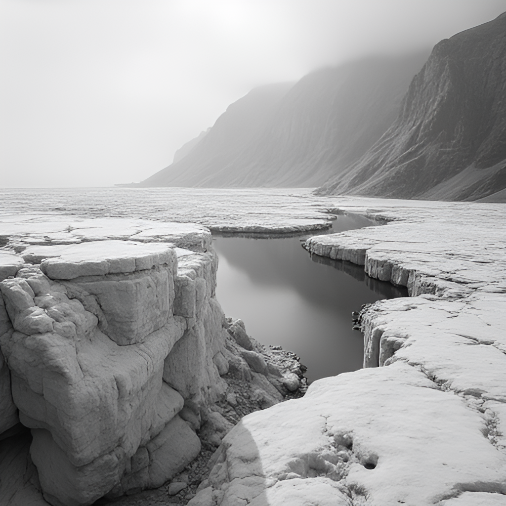 Stunning black and white landscape photograph capturing the pristine beauty of nature from Sebastião Salgado's 'Genesis' project, perhaps featuring icebergs, untouched forests, or striking rock formations in a remote part of the world.