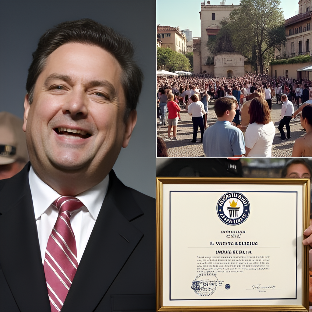 A split image or collage showing key moments from Jorge Barón's career: a younger Jorge Barón in a vintage TV studio, a shot of a crowd gathered in a plaza for 'El Show de las Estrellas', and a close-up of Jorge Barón receiving his Guinness World Record certificate.