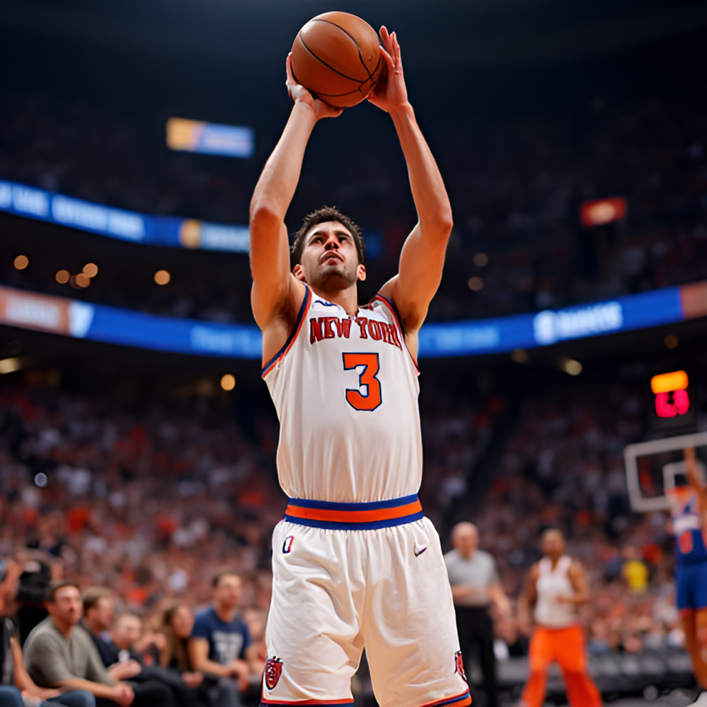 A powerful image of Jalen Brunson in a New York Knicks uniform, hitting a clutch shot in Madison Square Garden, surrounded by cheering fans, emphasizing his impact and leadership