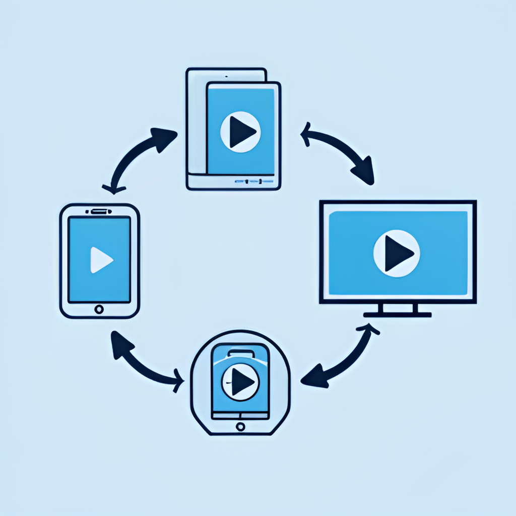 Split image showing different device icons (phone, PC monitor, Smart TV) with arrows pointing towards a central play button icon, symbolizing the multi-platform aspect of installing streaming applications.