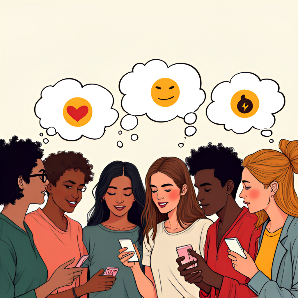 A group of diverse people animatedly discussing and looking at their phones together, suggesting a fan club coordinating votes for a reality show contestant, with thought bubbles showing emojis like hearts and checkmarks, energetic and collaborative atmosphere, illustration style