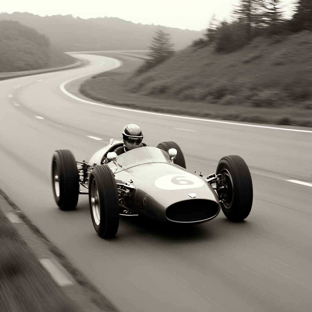 A vintage photograph of a classic Formula 1 car from the 1950s racing on a historic circuit, showcasing the early era of the sport with a focus on the car's design and the track environment.