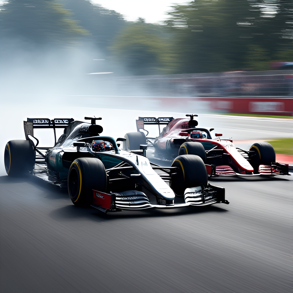 A dynamic, modern photograph of two current Formula 1 cars battling closely on a famous circuit corner, highlighting their speed, aerodynamic complexity, and intense competition with blurred background for speed effect.