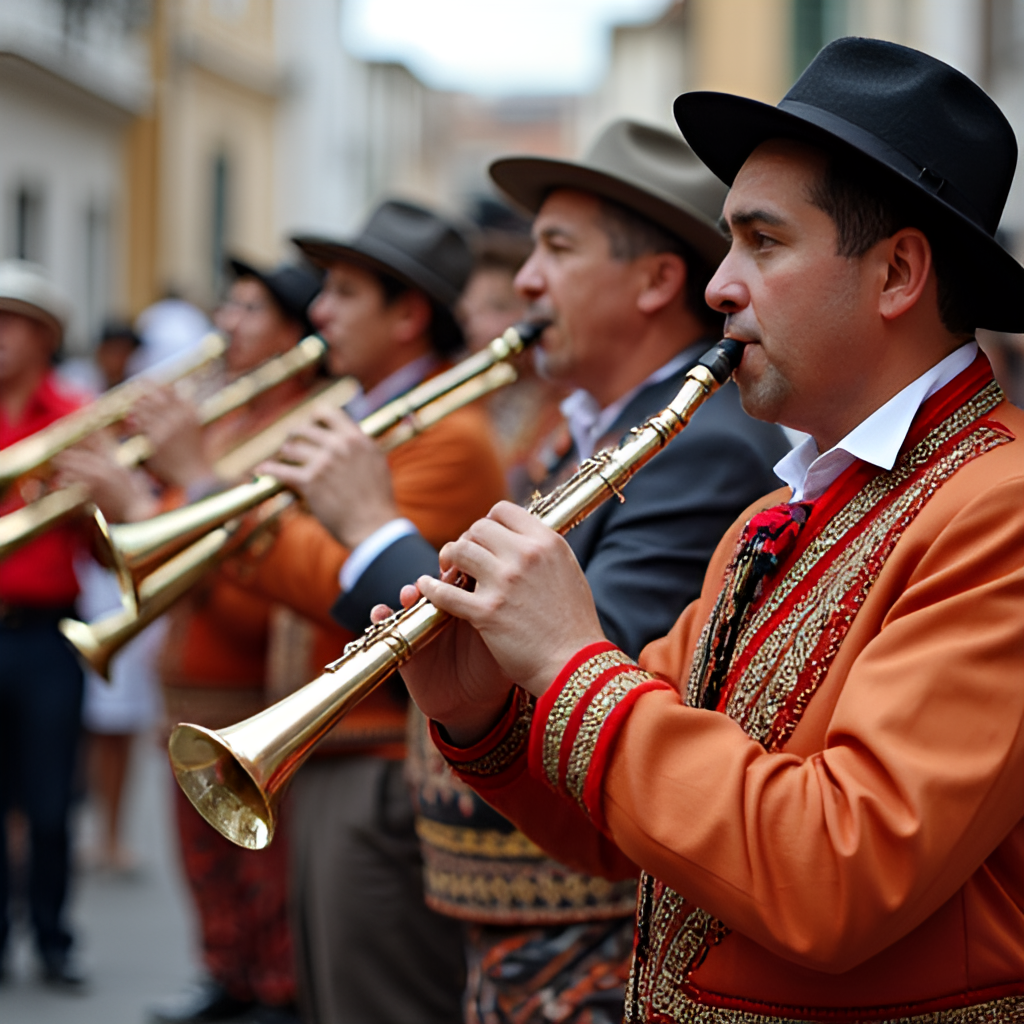 A dynamic image of a group of musicians playing traditional Sinuano music (Porro, Fandango) with clarinets, brass instruments, and drums (tambores), possibly in a public square or gathering, capturing the lively energy of the performance and the joy of the spectators.