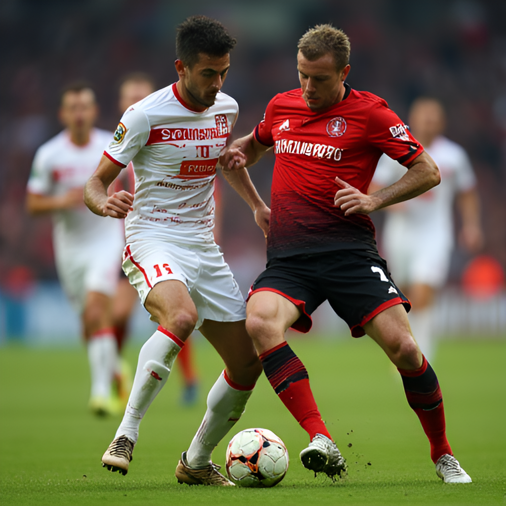 A dramatic close-up shot of two football players from opposing teams (representing SV Elversberg and Heidenheim) battling for the ball intensely during a match, highlighting the physical and competitive nature of the game.