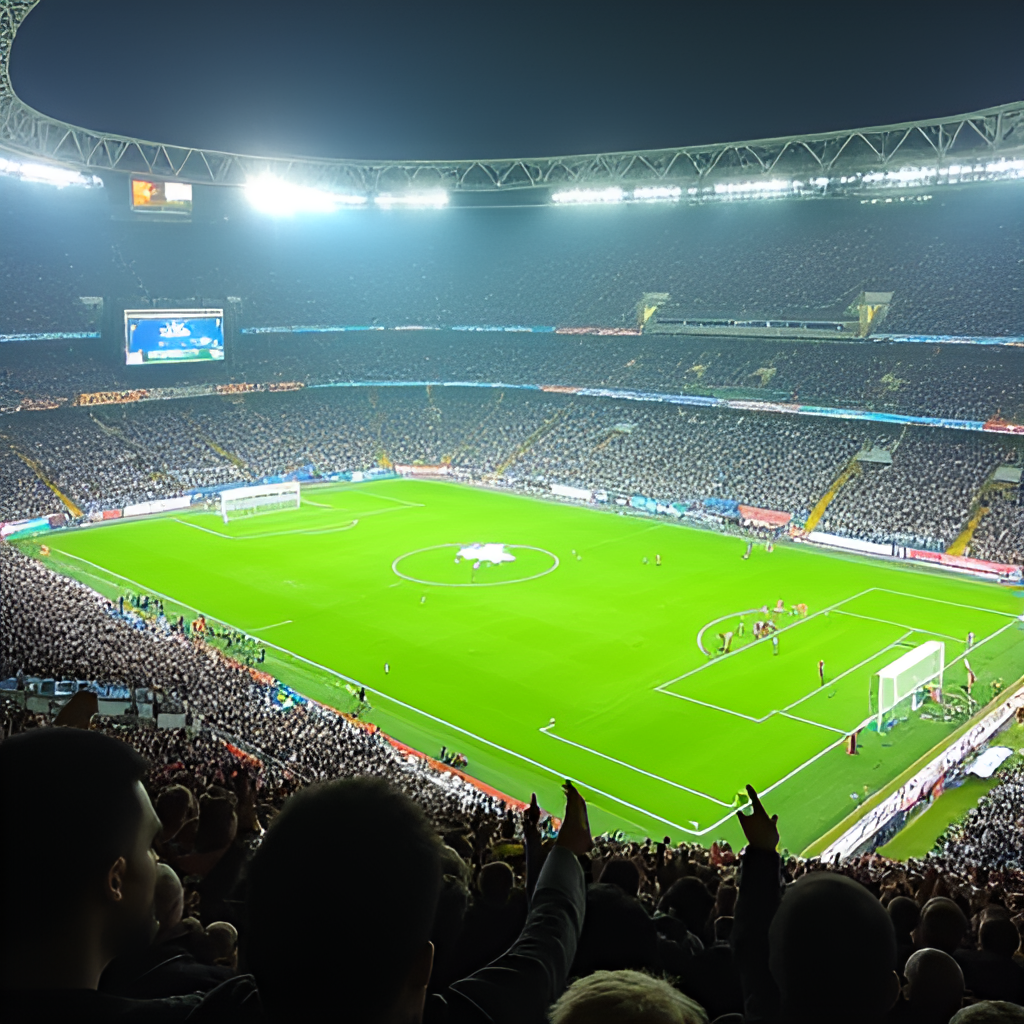 Wide view of a packed football stadium in Saudi Arabia during a match between Al Riyadh and Al Ahli Saudi, showing enthusiastic fans with flags and banners, high angle view capturing the atmosphere