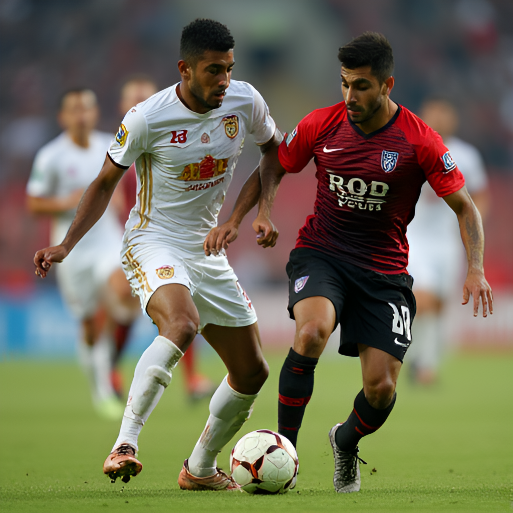 A close-up, action-focused shot of two football players, one from Al Fateh and one from Al-Nassr, contesting for the ball during a match, showing intensity and determination on their faces
