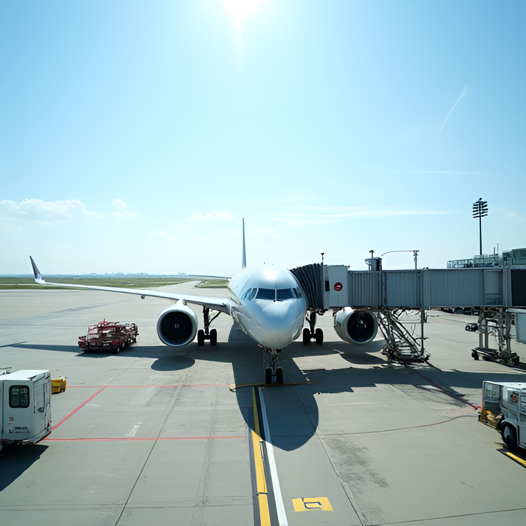 An American Airlines Boeing aircraft parked at a busy airport gate with ground crew activity visible, sunny day, wide shot