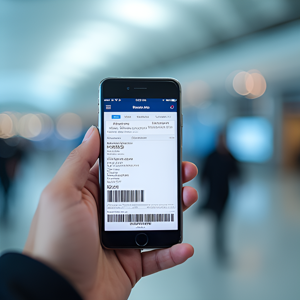A close-up shot of someone's hand holding a smartphone displaying the American Airlines mobile app with a digital boarding pass on screen, blurred airport background