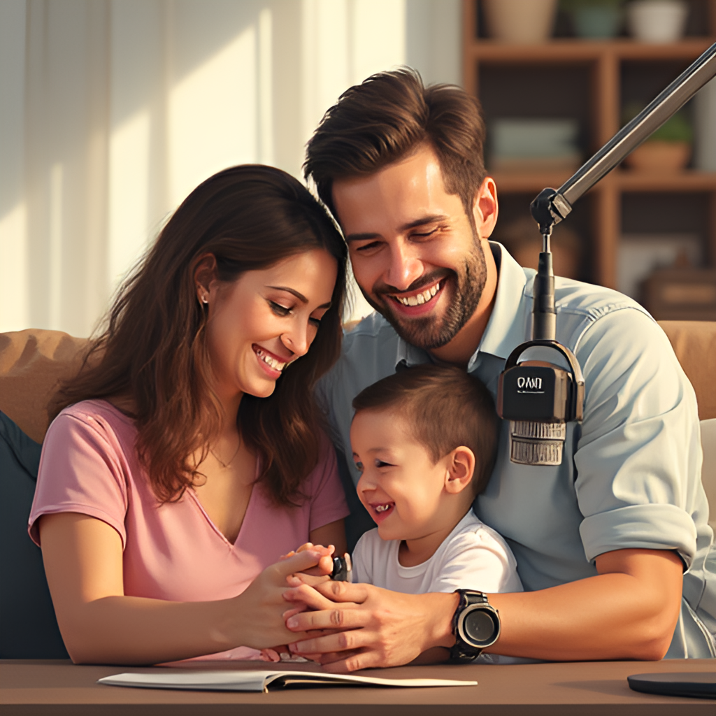 A warm, candid photo illustration showing Marcelo Cezan smiling while interacting with his family (wife Michelle Gutty and son Fabricio) in a relaxed home setting, perhaps with a radio microphone or TV camera subtly visible in the background to represent his work-life balance.