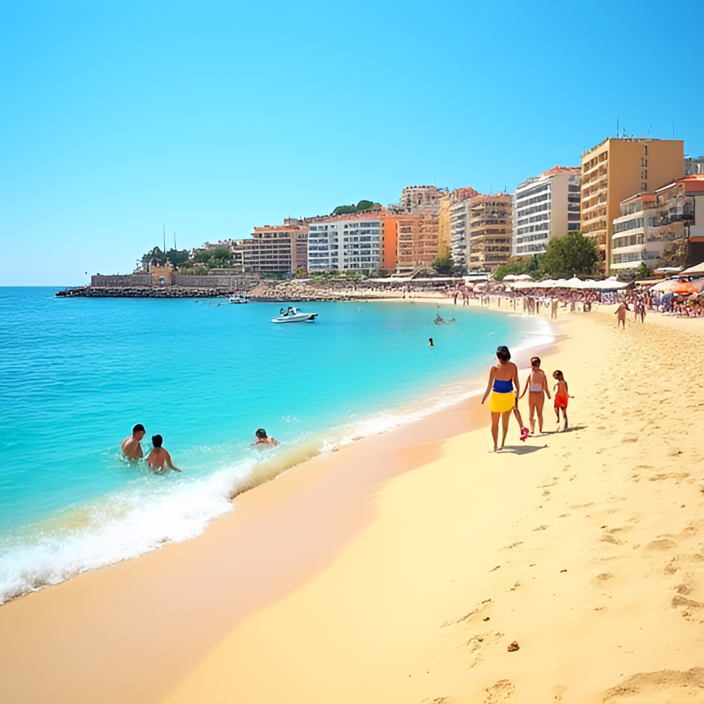 A vibrant photo capturing the golden sandy beach of Altafulla, with crystal clear blue water, families enjoying the sun, and the promenade (Botigues de Mar) lined with colorful buildings in the background. Include some small boats or water sports activity.