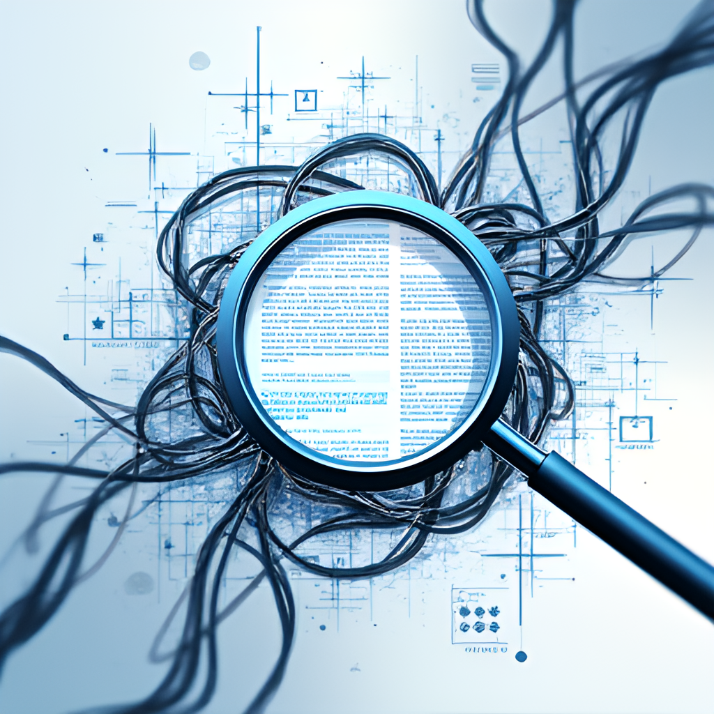 An abstract image representing verifying information online, perhaps showing intertwined threads of data, a magnifying glass over a digital news article, or symbols of truth and falsehood contrasting. Style: Digital illustration with a clean, modern aesthetic.