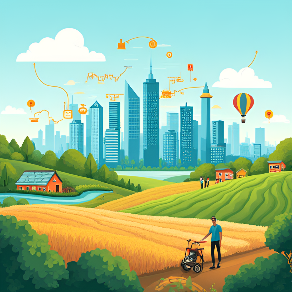 A dynamic image illustrating economic activity in LATAM, featuring elements like modern city skylines, agricultural fields, technology symbols, and people engaged in commerce.