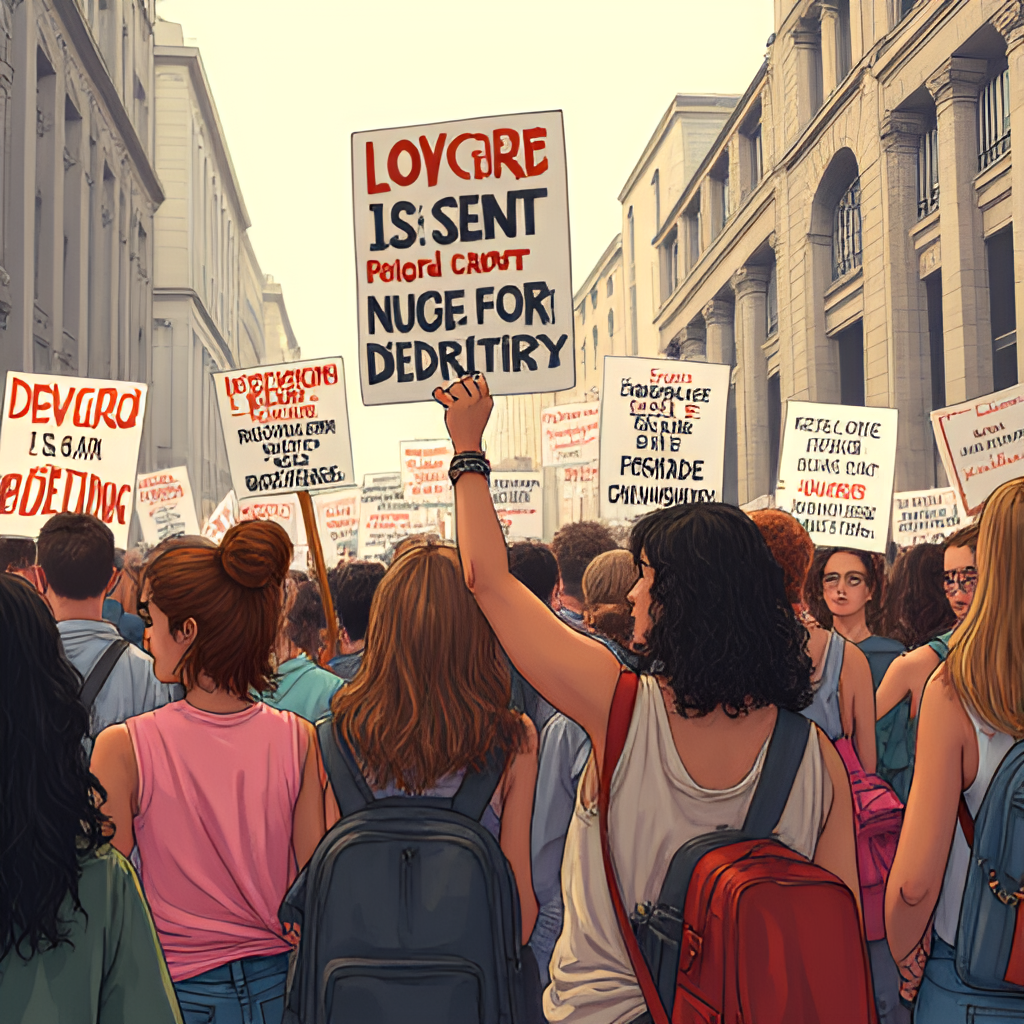 A powerful and respectful illustration depicting a diverse group of sex workers holding signs and banners during a protest or demonstration for their rights and dignity. The scene should convey a sense of solidarity and activism, possibly referencing the 1975 Lyon protest with subtle historical cues, rendered in a style that is both realistic and conveys emotional depth.