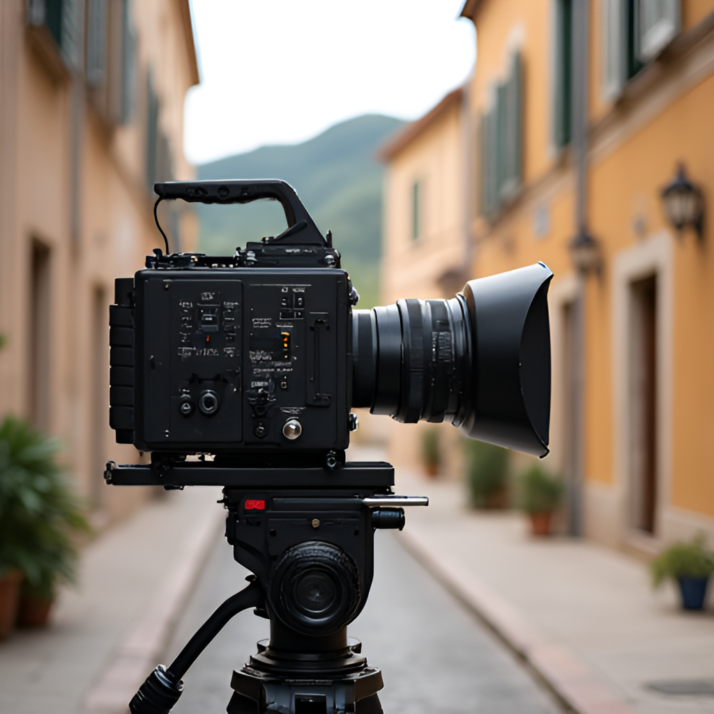 A photo of a film camera set up on location in a historic Corsican village street, conveying the idea of filmmaking taking place in authentic local settings