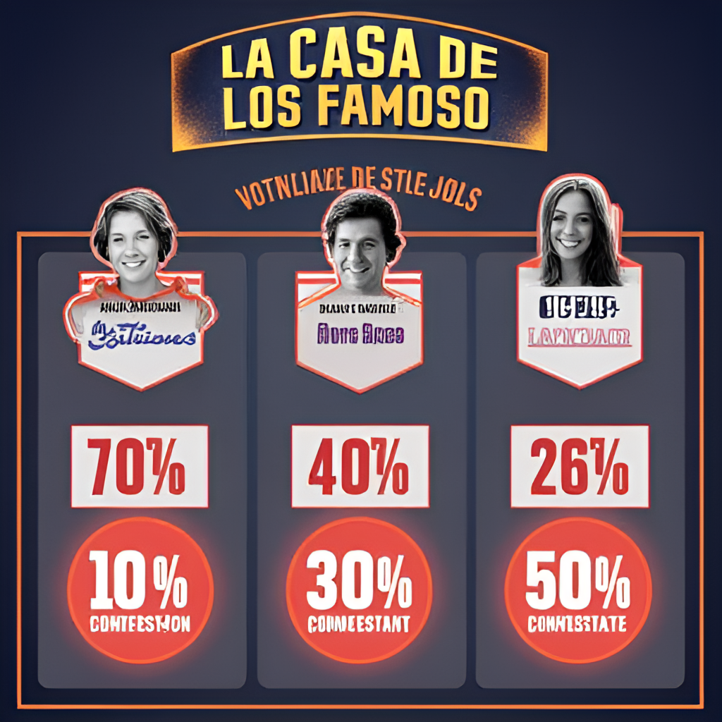 A graphic representation of voting percentages for three contestants in La Casa de los Famosos, clearly showing one percentage being the lowest and highlighted as the eliminated contestant.