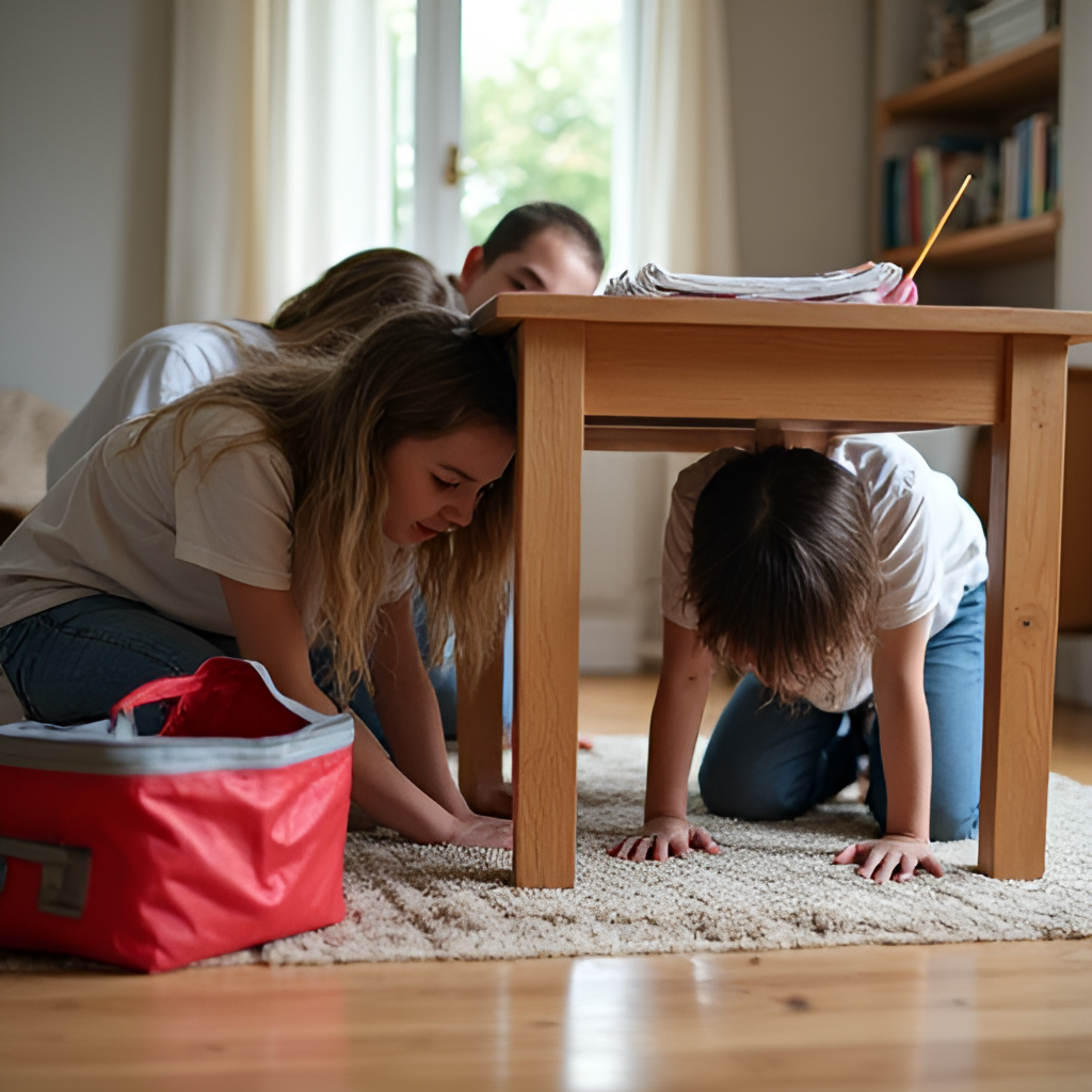 Image depicting a family practicing a seismic emergency drill at home, crouching under a sturdy table, covering their heads, with an emergency kit visible nearby.