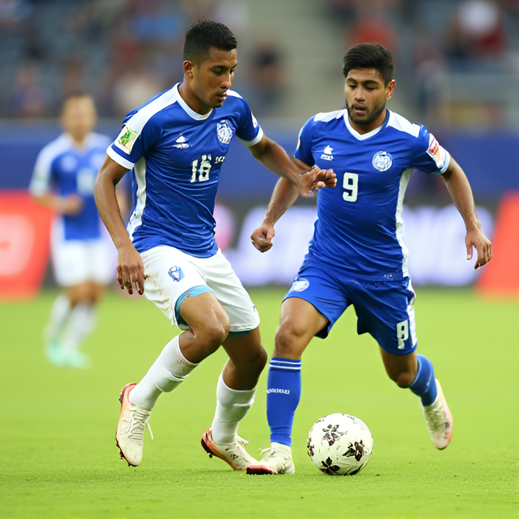 An action shot of the Nicaragua national football team (La Azul y Blanco) playing a match, showing players in blue and white kits competing for the ball on a green pitch