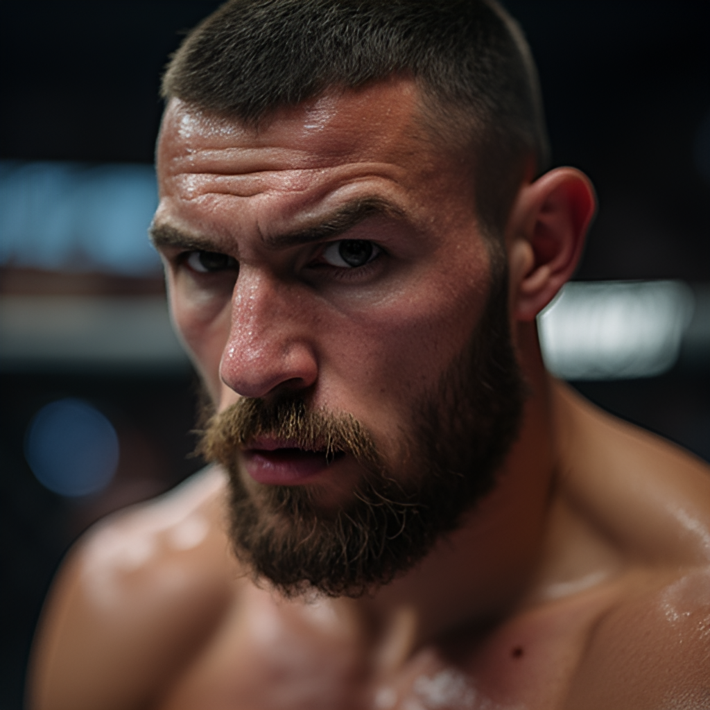 A portrait shot focusing on the intense face of a mixed martial artist during training or before a fight, showing sweat, determination, and focus. The background is blurred, hinting at a gym or arena setting.