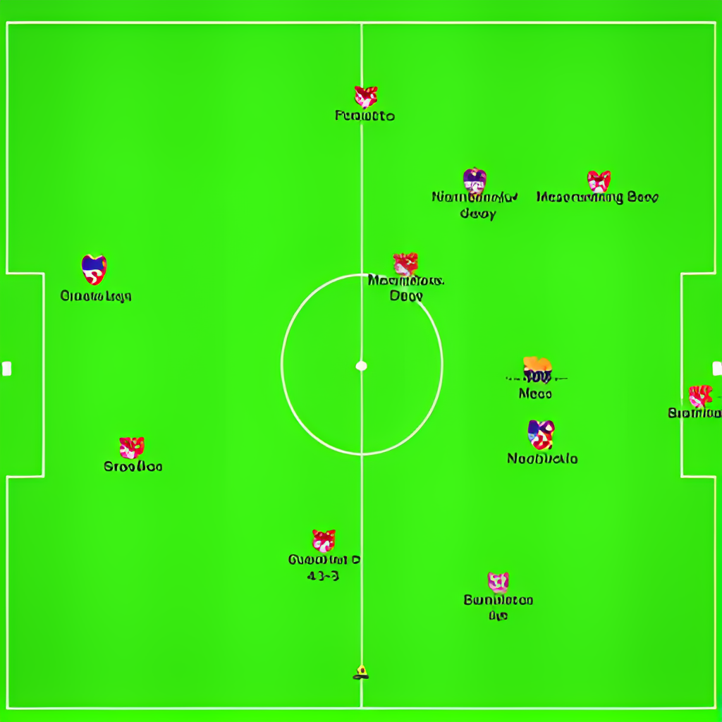 An overhead tactical view of Inter Miami players on the pitch during a match, illustrating their formation (e.g., 4-3-3) and player positions (Busquets deep, Messi roaming, Alba wide), potentially against a generic MLS opponent.