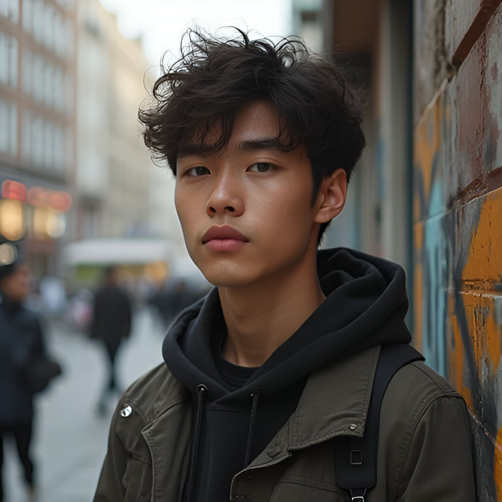 A thoughtful portrait of a young man looking into the distance, with subtle urban elements in the background (e.g., a blurred city street or graffiti), conveying introspection and the environment that shaped the artist. Style is realistic digital painting.