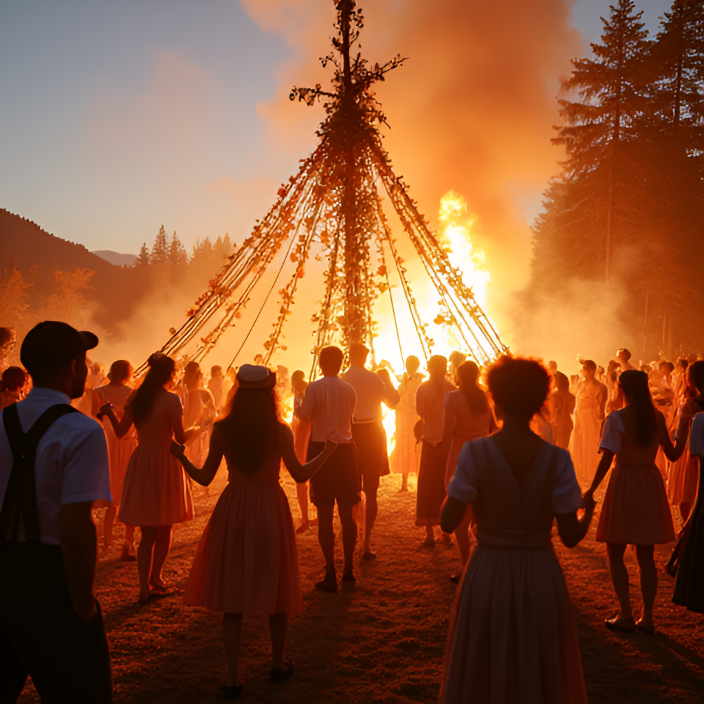 A vibrant scene of a traditional European Midsummer celebration with people dancing around a flower-decorated pole and a large bonfire in the background as the sun sets.