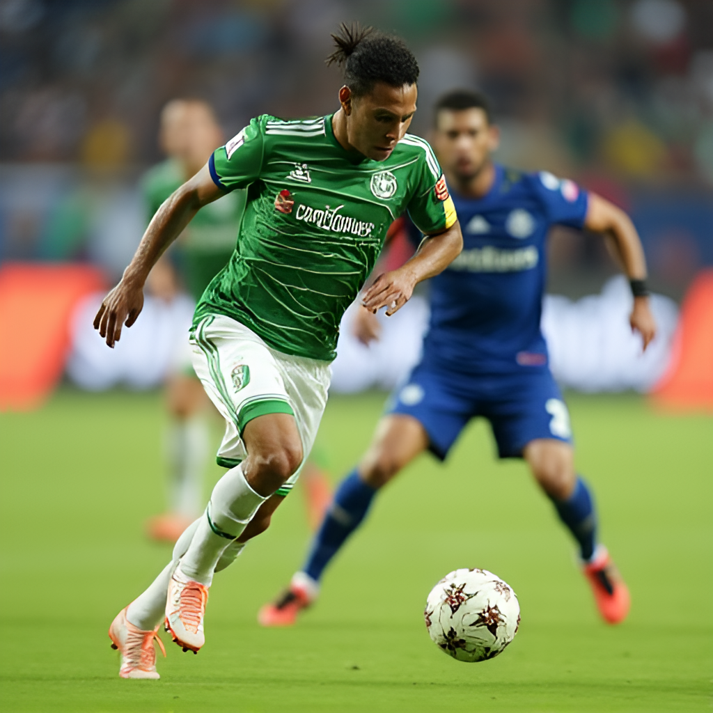 A dynamic action shot of a Chapecoense player dribbling past a defender during a match, focusing on the player and the ball, with blurred background of the stadium.