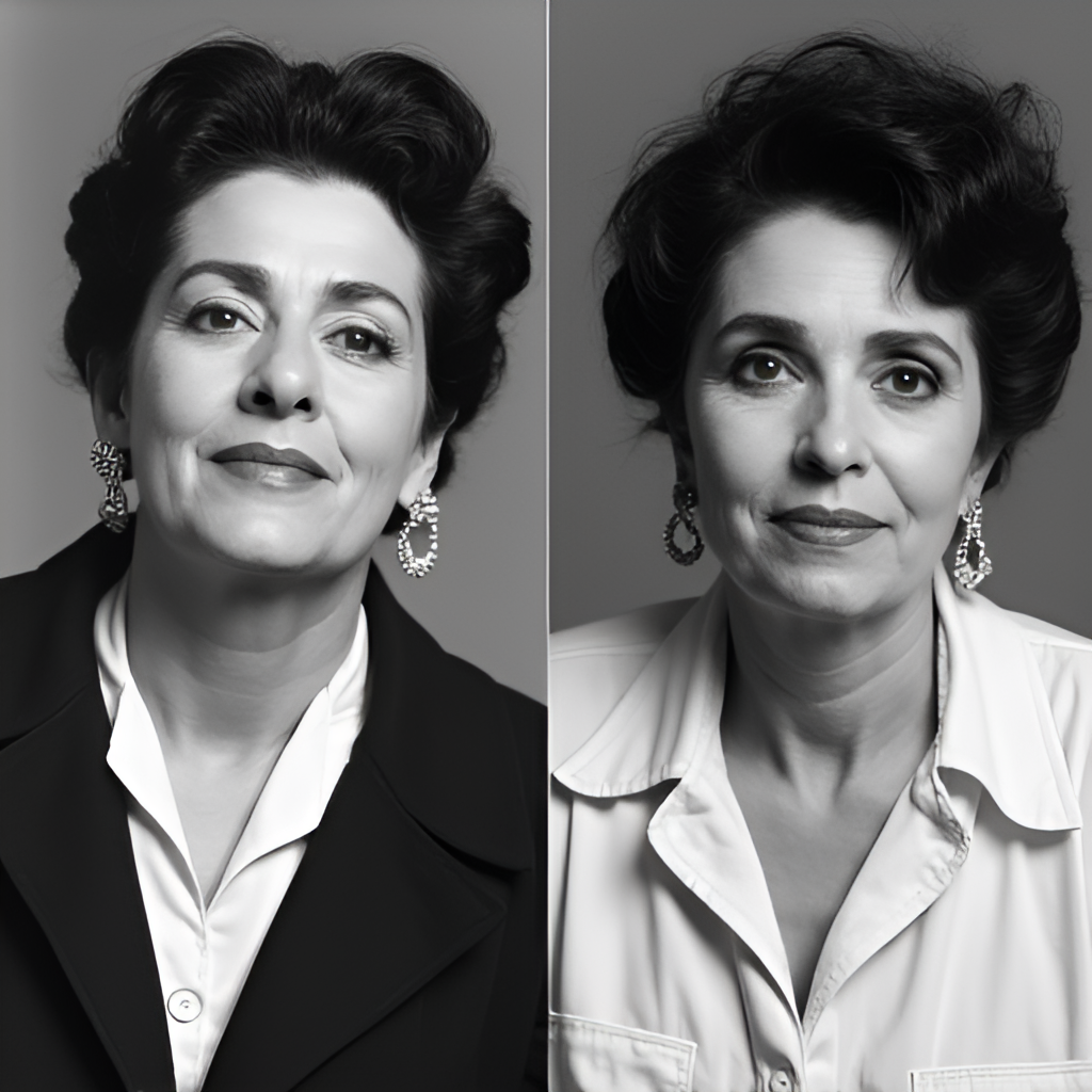 A split image or collage showing Florinda Meza in two distinct characters: one as Doña Florinda (stern, well-dressed) and the other as La Chimoltrufia (more disheveled, perhaps with a funny expression), highlighting her versatility as an actress. Characters centered, clean studio look.