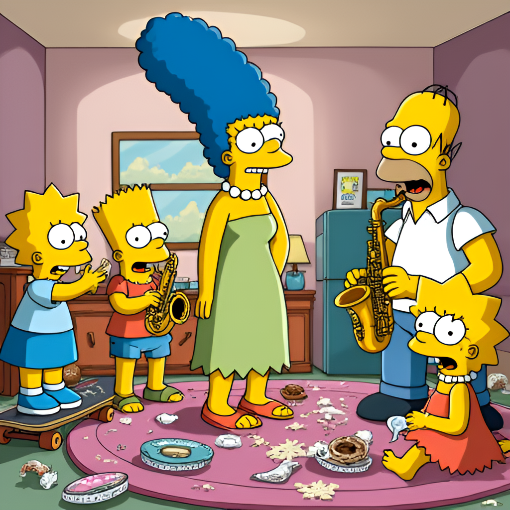 A humorous illustration in the style of The Simpsons showing Marge Simpson looking exasperated while surrounded by a chaotic scene involving Homer eating donuts, Bart skateboarding indoors, Lisa playing saxophone loudly, and Maggie sucking her pacifier amidst the mess, symbolizing her role as the family anchor.