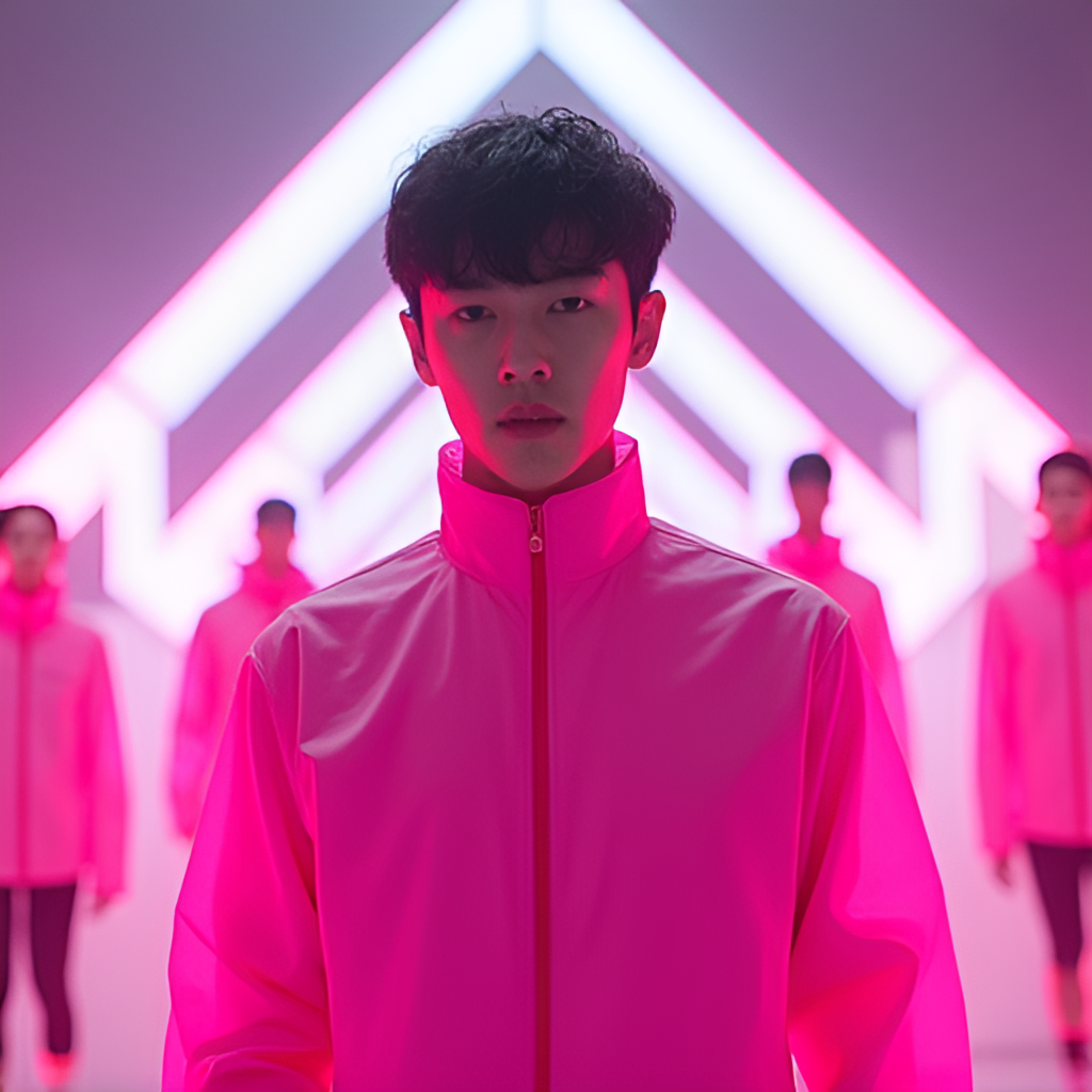 A dramatic image of Seong Gi-hun looking determinedly ahead, standing against a backdrop of the iconic geometric shapes and bright pink uniforms from the Squid Game, hinting at his return to the deadly competition.