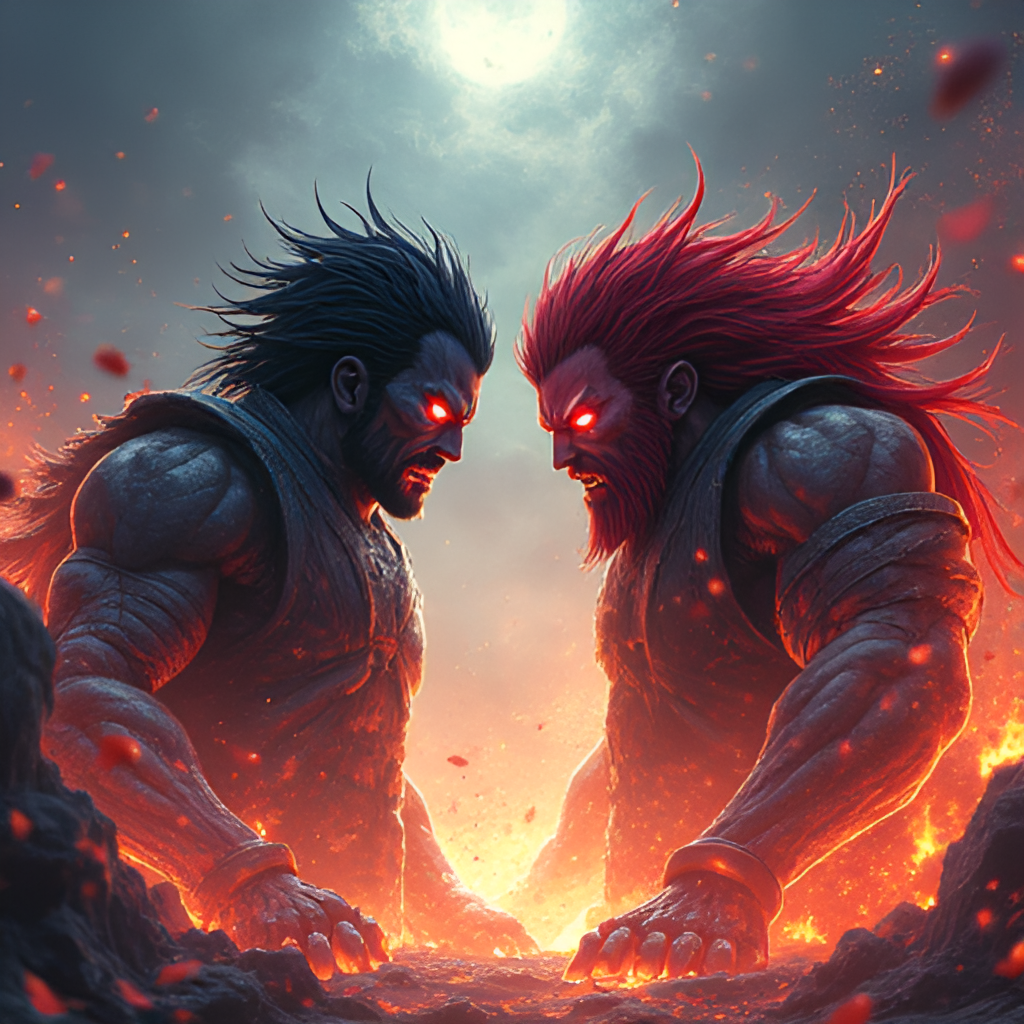 An intense illustration depicting the Front Man facing off against Seong Gi-hun in a visually striking, high-contrast scene with elements of the game arena visible in the background, symbolizing their climactic confrontation in the final season.