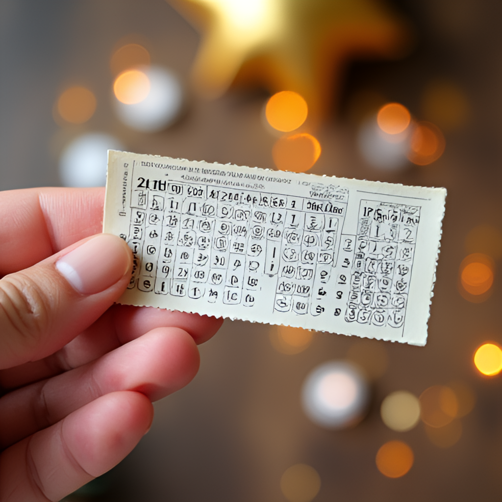 A hand holding a winning lottery ticket, showing the numbers clearly, with blurred celebratory elements in the background, suggesting a win.