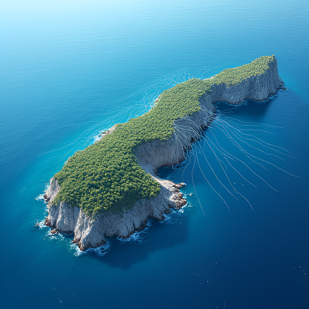 An aerial view illustration of the island of Corsica with streaming data lines flowing from it, symbolizing digital connectivity and access to global platforms like Netflix.
