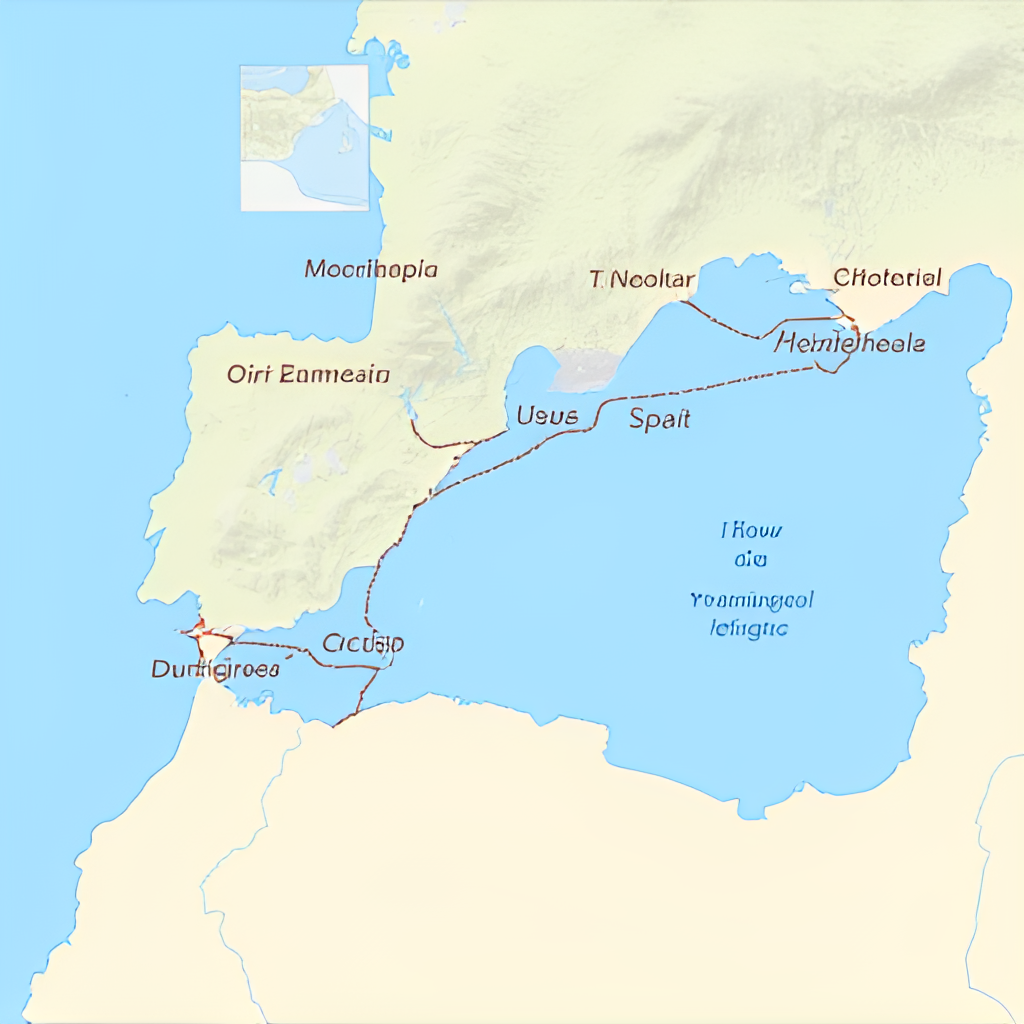 A map highlighting hypothetical connections or routes across the Mediterranean Sea, perhaps showing a path from Spain towards the island of Corsica, illustrating the concept of cultural exchange or migration.