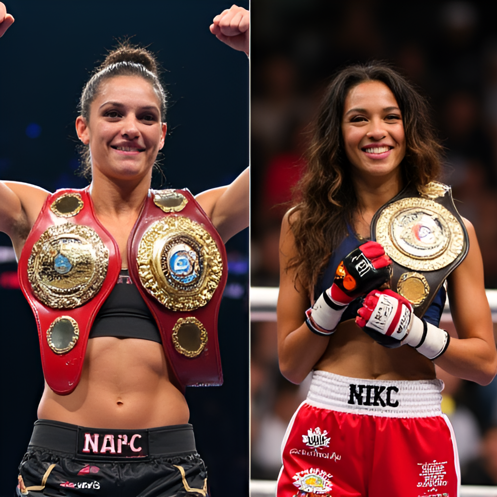 Split image: one side showing Amanda Serrano raising her championship belts, the other side showing her advocating for women's equality in boxing, conveying her dual role as champion and activist.